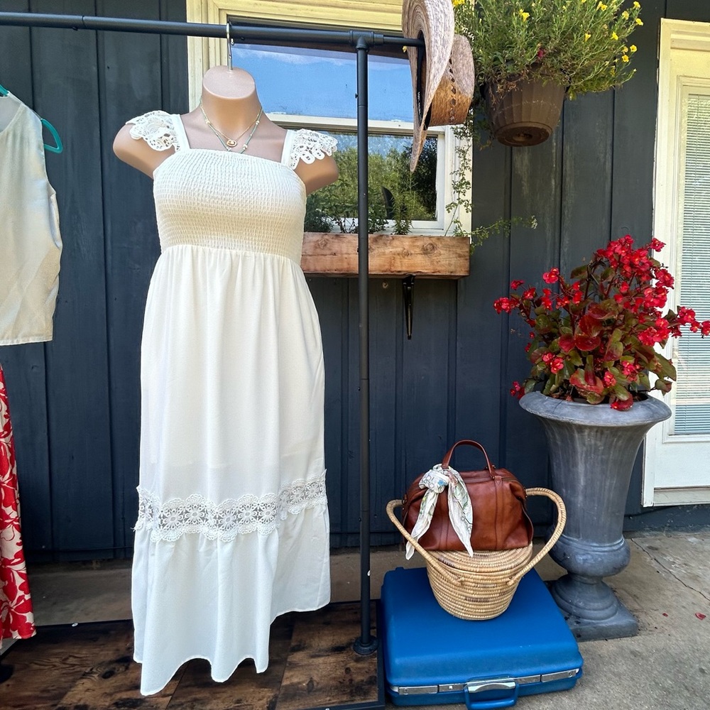Whimsical beachy white flowy smocked cottage core maxi dress